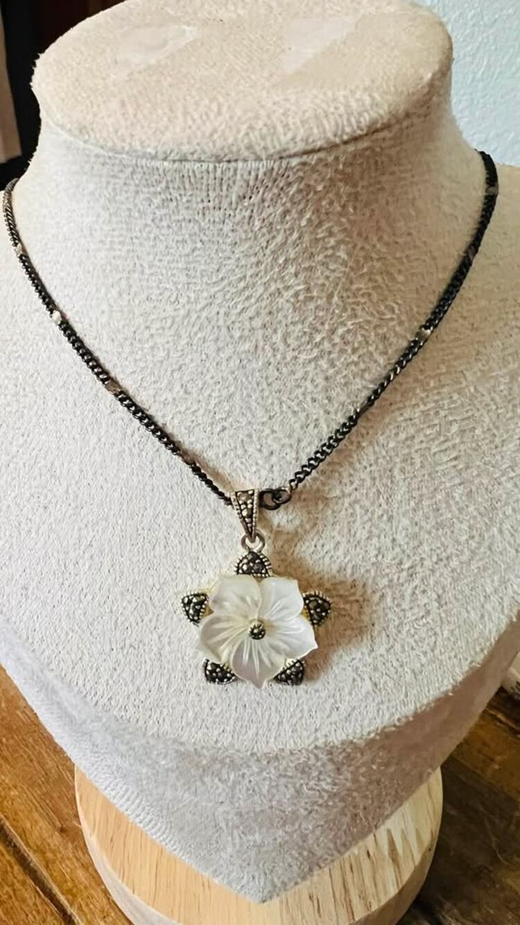 Sterling Silver Mother of Pearl Flower Marcasite Necklace